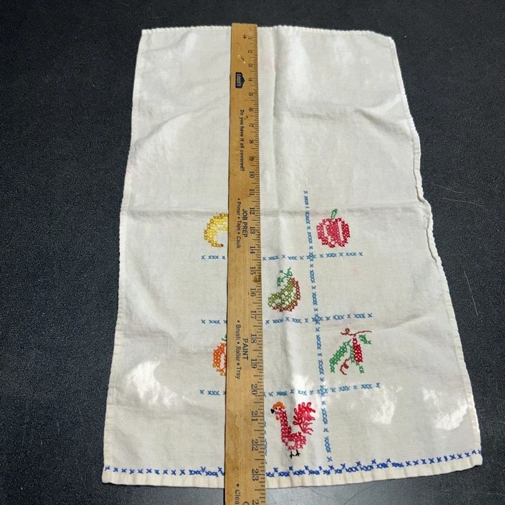 Hand Sewn Cross Stitch Kitchen Towel Vintage Fruits Rooster Vegetables